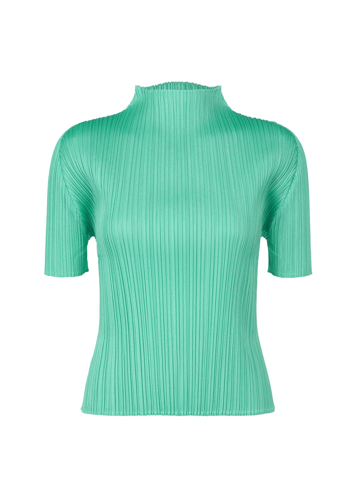A product shot of the PLEATS PLEASE ISSEY MIYAKE MONTHLY COLORS MAY top in turquoise green (66).