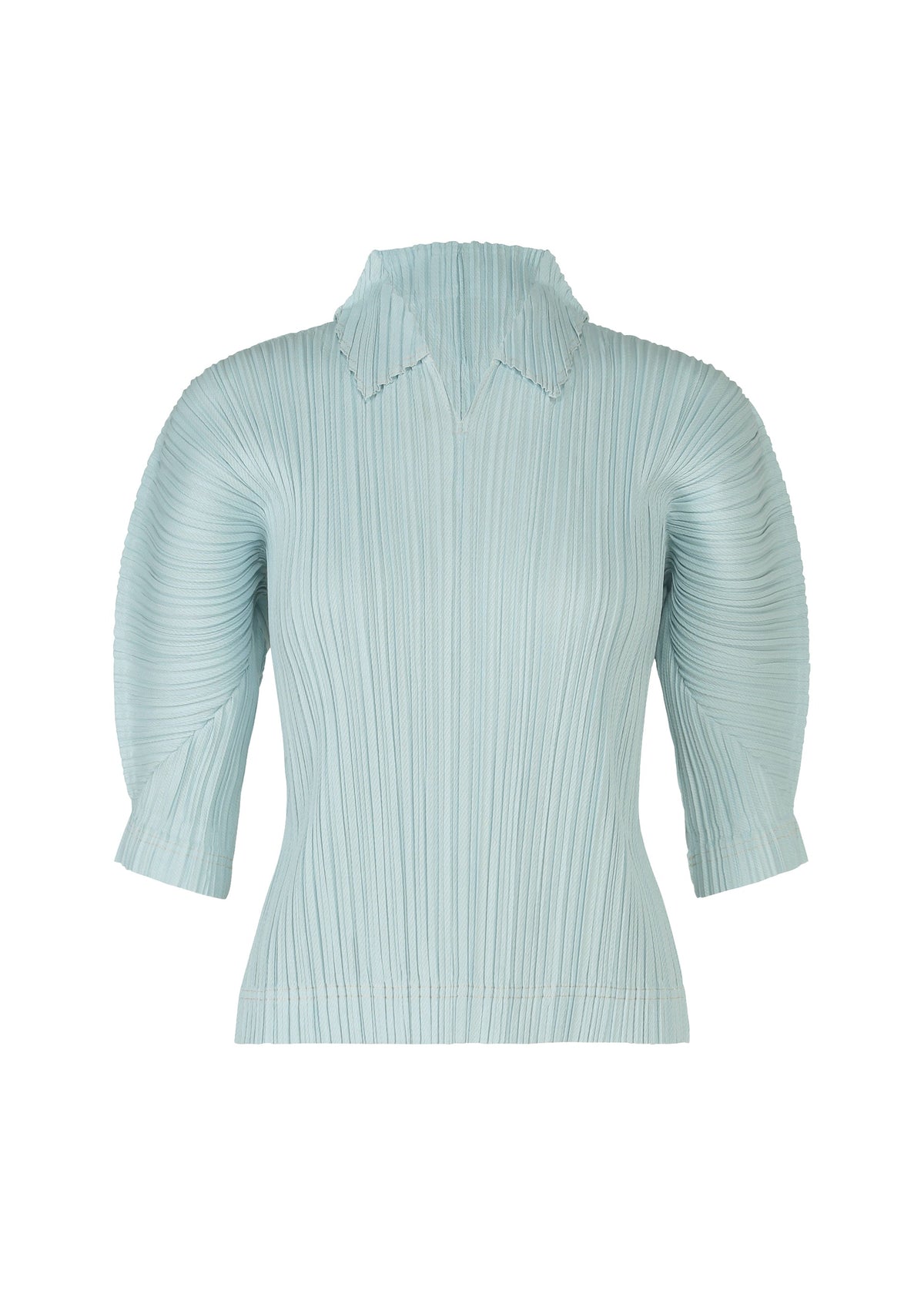 A product shot of the PLEATS PLEASE ISSEY MIYAKE COTTON DENIM top in light blue (70).