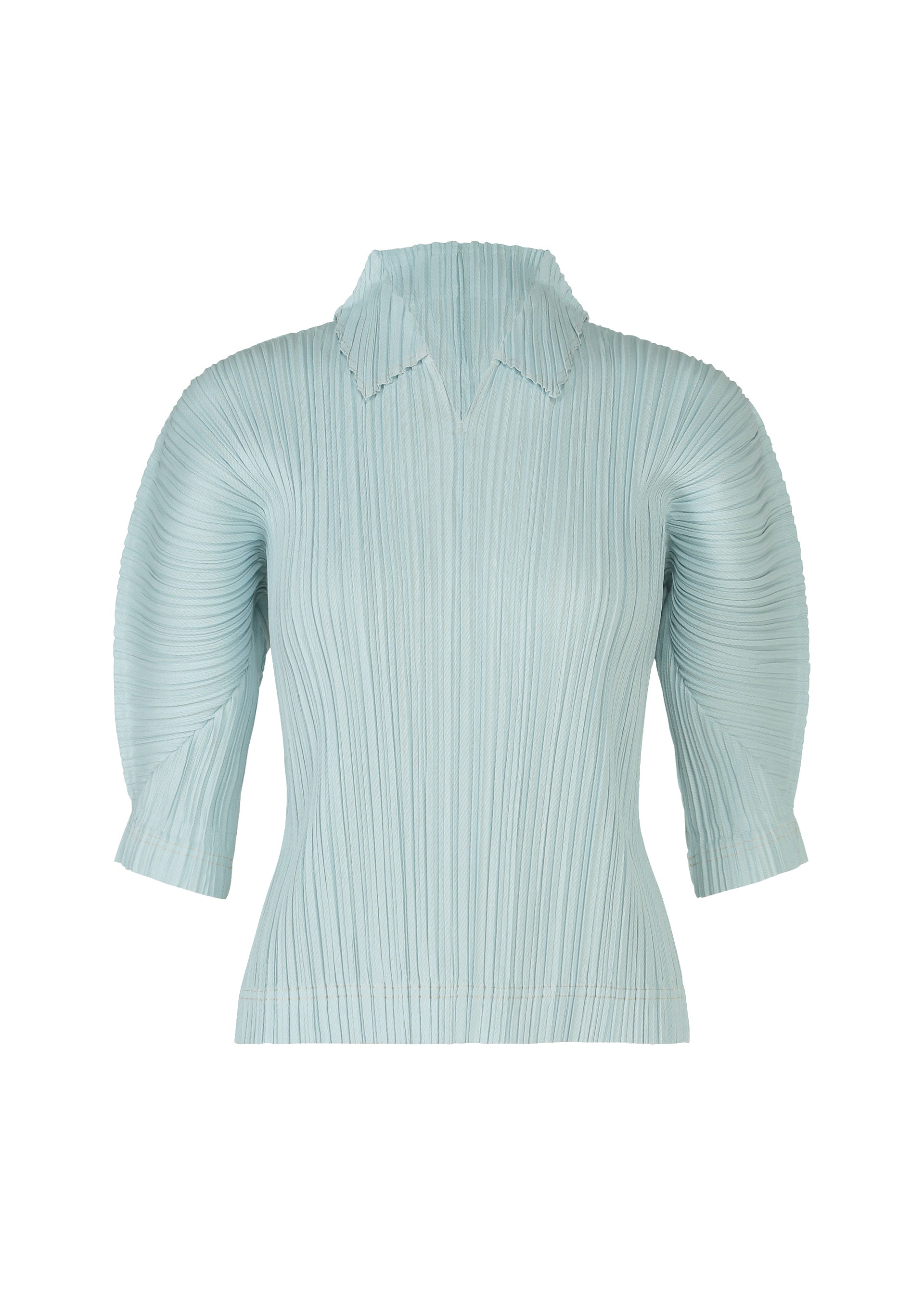 A product shot of the PLEATS PLEASE ISSEY MIYAKE COTTON DENIM top in light blue (70).
