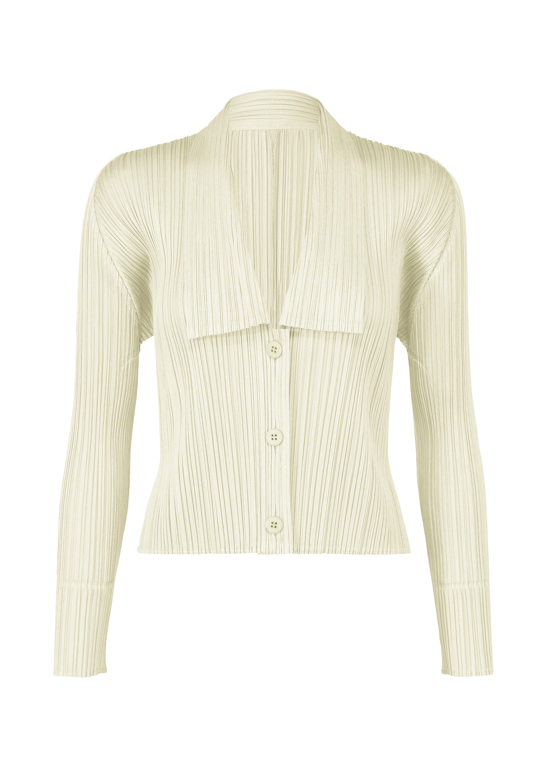 A product shot of the PLEATS PLEASE ISSEY MIYAKE MONTHLY COLORS MAY cardigan in ivory (03).