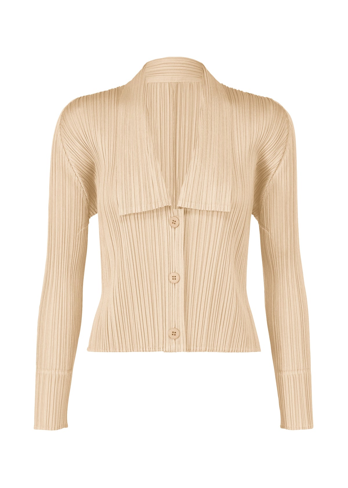 A product shot of the PLEATS PLEASE ISSEY MIYAKE MONTHLY COLORS MAY cardigan in sand beige (43).