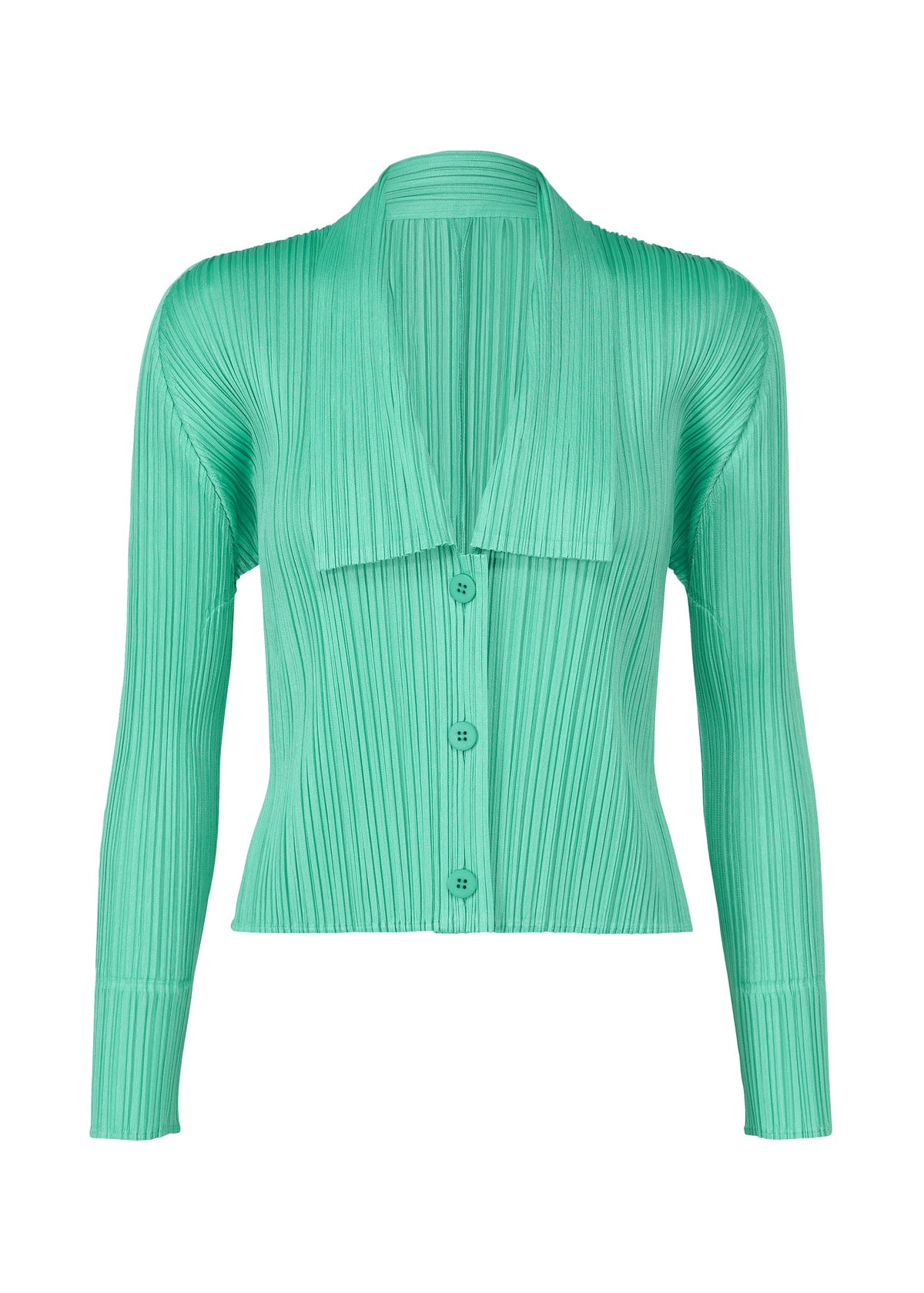 A product shot of the PLEATS PLEASE ISSEY MIYAKE MONTHLY COLORS MAY cardigan in turquoise green (66).