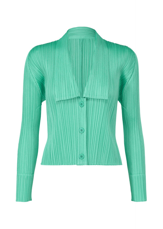 A product shot of the PLEATS PLEASE ISSEY MIYAKE MONTHLY COLORS MAY cardigan in turquoise green (66).