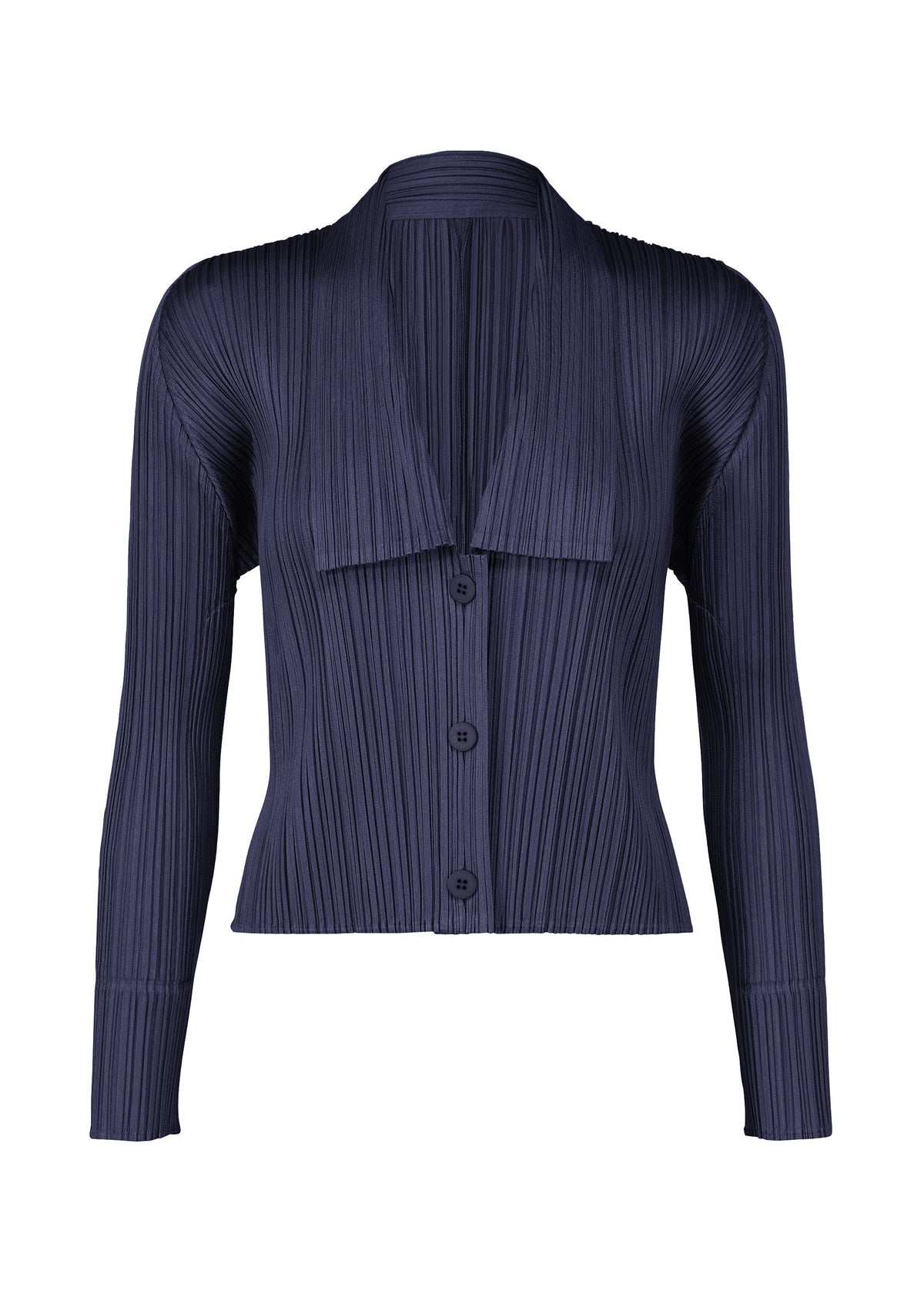 A product shot of the PLEATS PLEASE ISSEY MIYAKE MONTHLY COLORS MAY cardigan in navy (75).