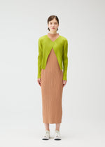 A model wears the PLEATS PLEASE ISSEY MIYAKE MONTHLY COLORS : JUNE monthly-colors-june-cardigan-charcoal.