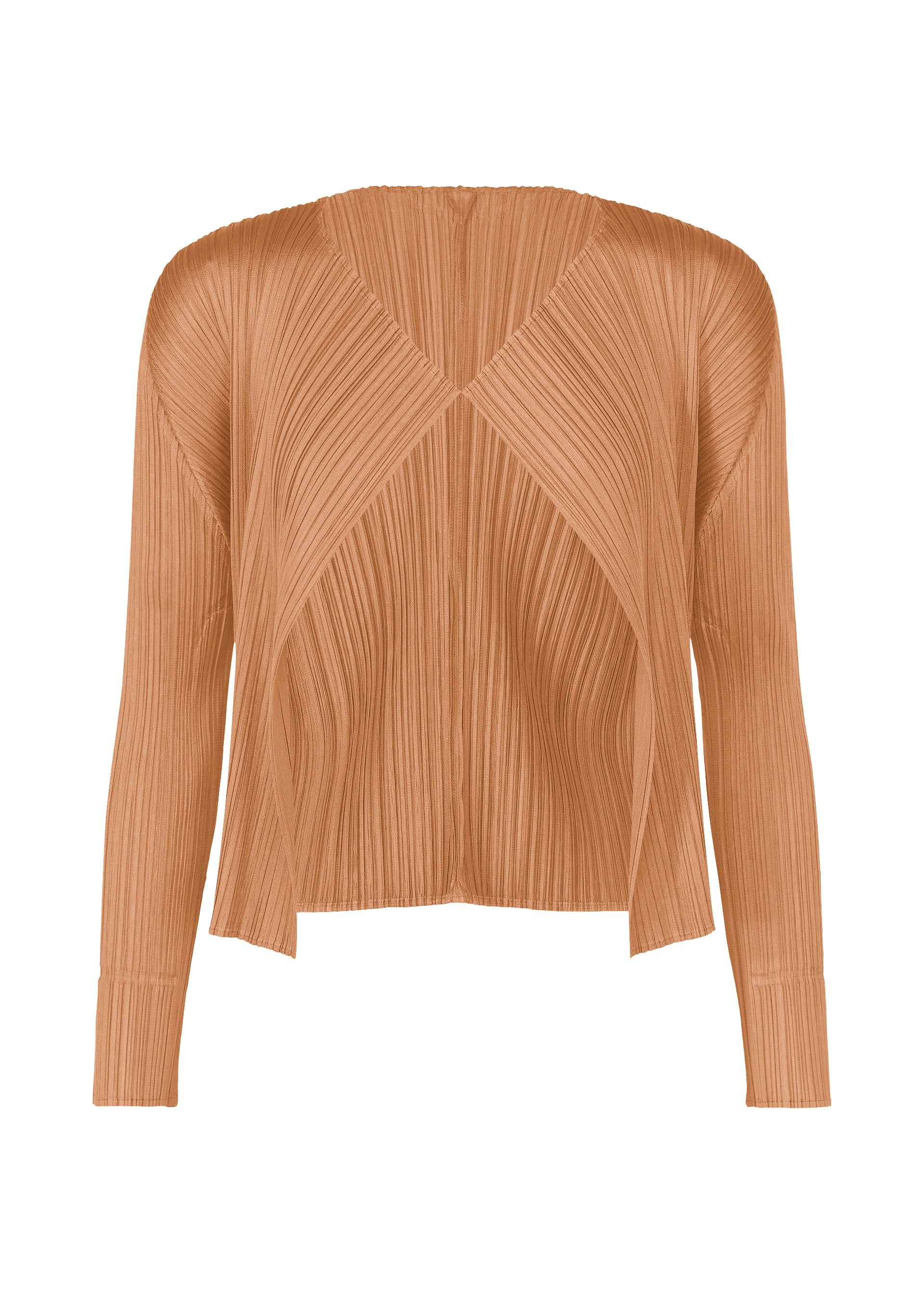 A product shot of the PLEATS PLEASE ISSEY MIYAKE MONTHLY COLORS : JUNE cardigan in pink beige.