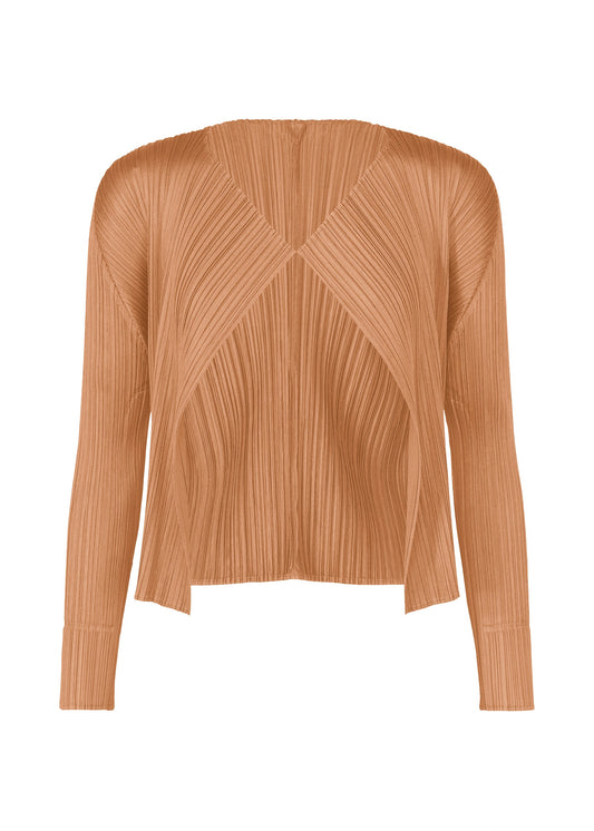 A product shot of the PLEATS PLEASE ISSEY MIYAKE MONTHLY COLORS : JUNE cardigan in pink beige.