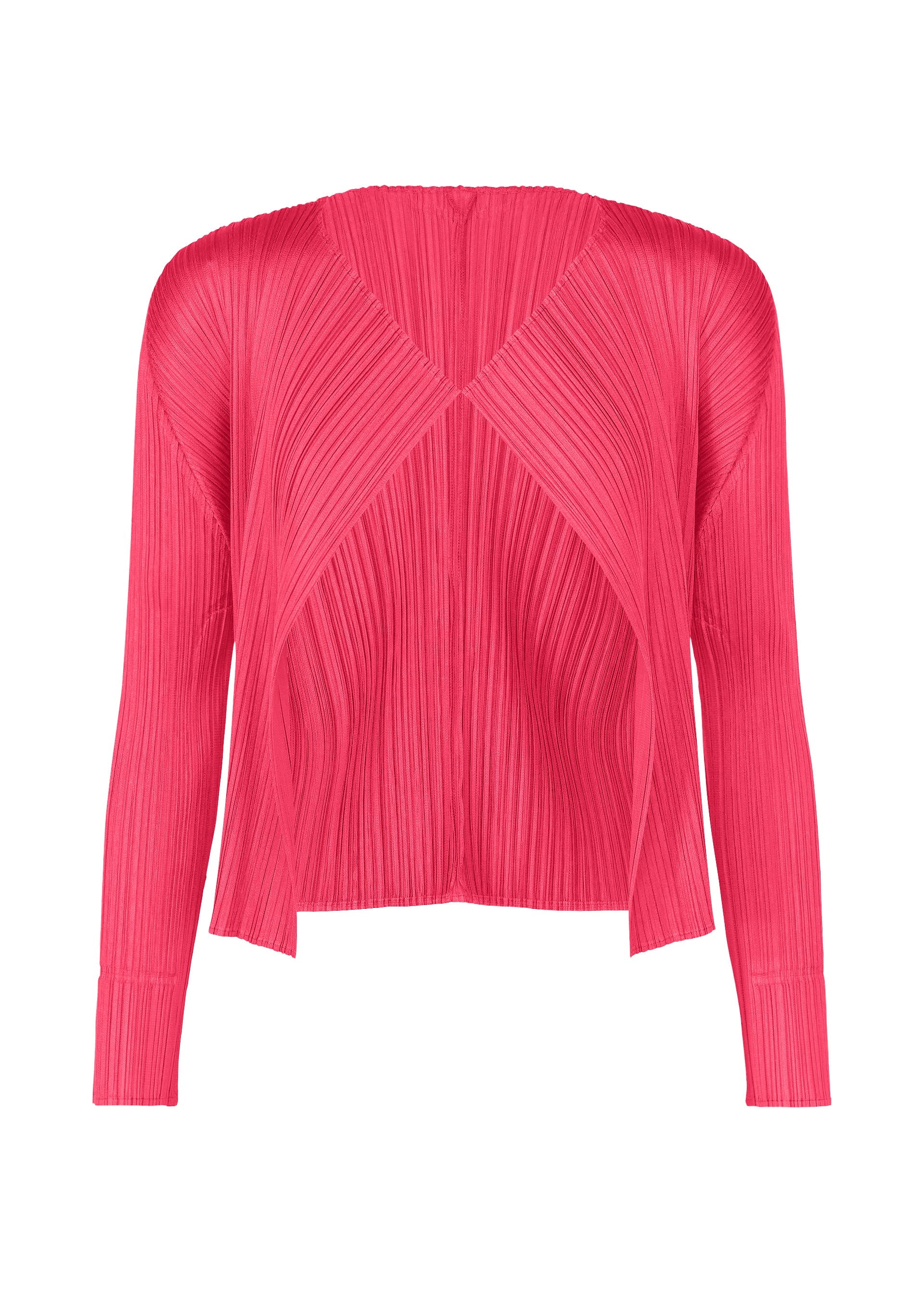 A product shot of the PLEATS PLEASE ISSEY MIYAKE MONTHLY COLORS : JUNE cardigan in bright pink.