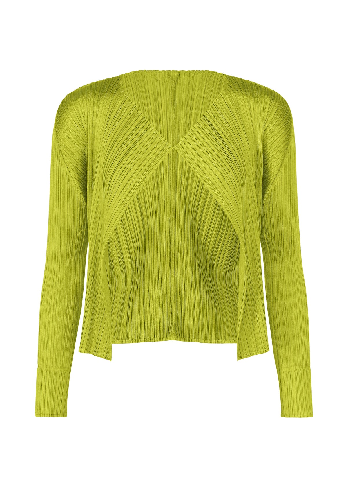A product shot of the PLEATS PLEASE ISSEY MIYAKE MONTHLY COLORS : JUNE cardigan in yellow green.