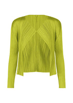 A product shot of the PLEATS PLEASE ISSEY MIYAKE MONTHLY COLORS : JUNE cardigan in yellow green.