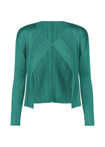 A product shot of the PLEATS PLEASE ISSEY MIYAKE MONTHLY COLORS : JUNE cardigan in blue green.