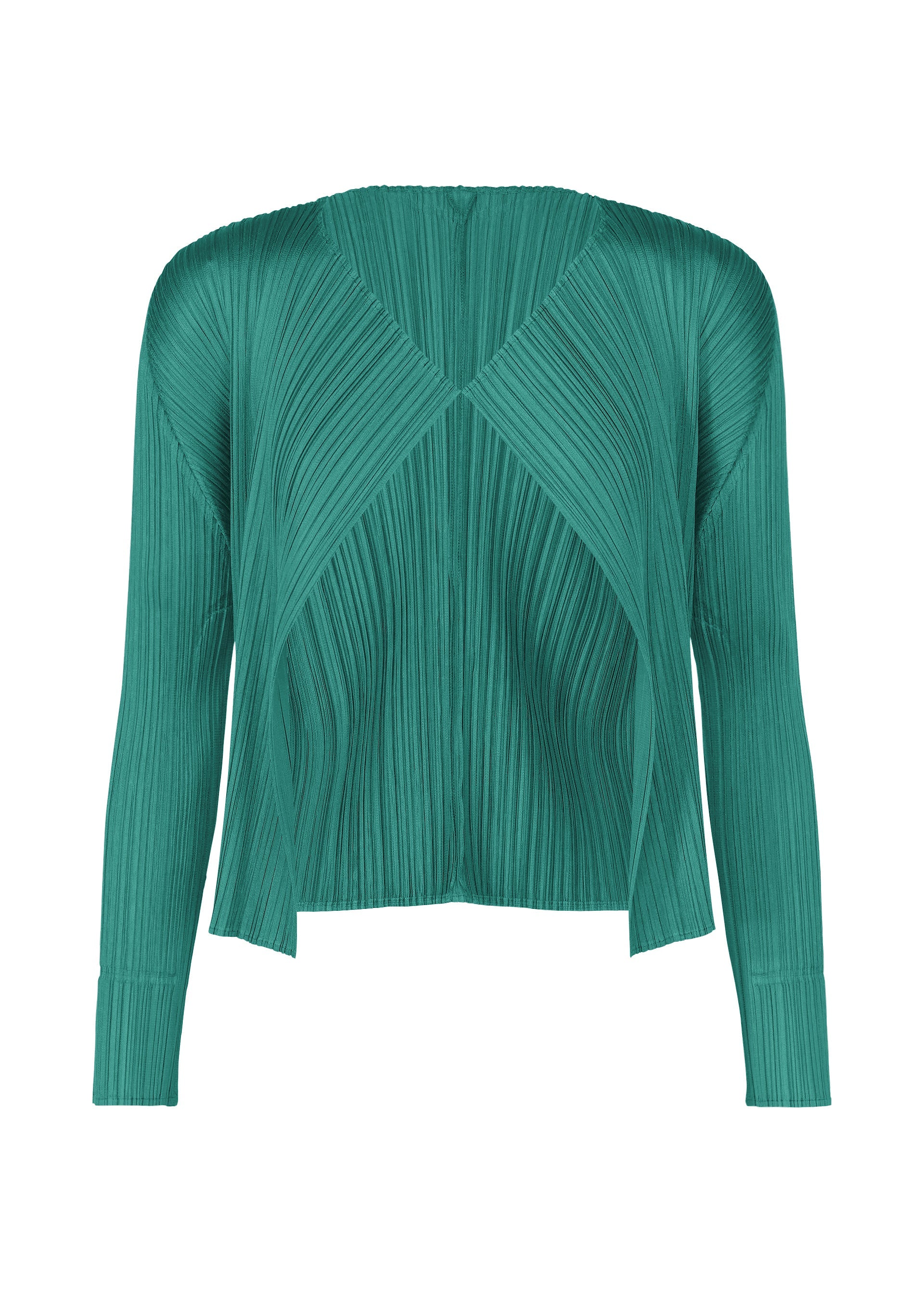 A product shot of the PLEATS PLEASE ISSEY MIYAKE MONTHLY COLORS : JUNE cardigan in blue green.