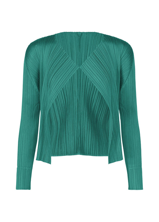 A product shot of the PLEATS PLEASE ISSEY MIYAKE MONTHLY COLORS : JUNE cardigan in blue green.