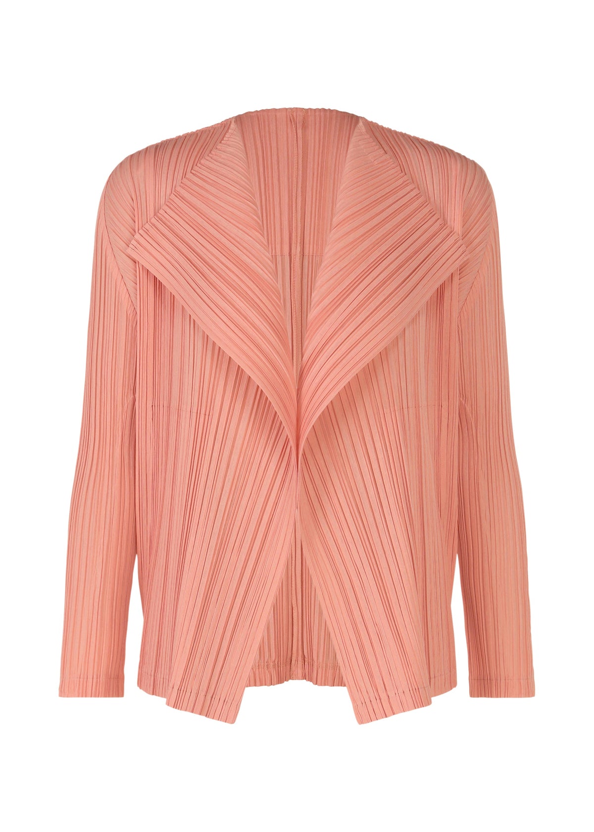 A product shot of the PLEATS PLEASE ISSEY MIYAKE RAMIE PLEATS cardigan in coral pink (29).