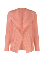 A product shot of the PLEATS PLEASE ISSEY MIYAKE RAMIE PLEATS cardigan in coral pink (29).