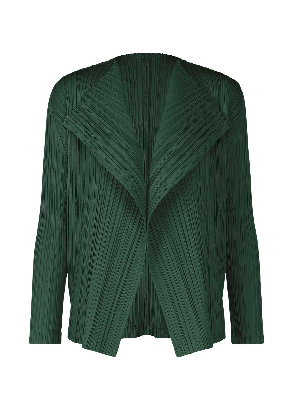 A product shot of the PLEATS PLEASE ISSEY MIYAKE RAMIE PLEATS cardigan in dark green (67).