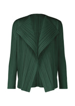 A product shot of the PLEATS PLEASE ISSEY MIYAKE RAMIE PLEATS cardigan in dark green (67).