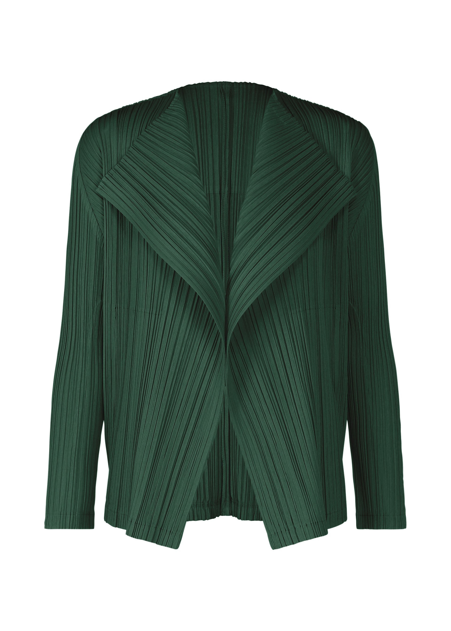 A product shot of the PLEATS PLEASE ISSEY MIYAKE RAMIE PLEATS cardigan in dark green (67).