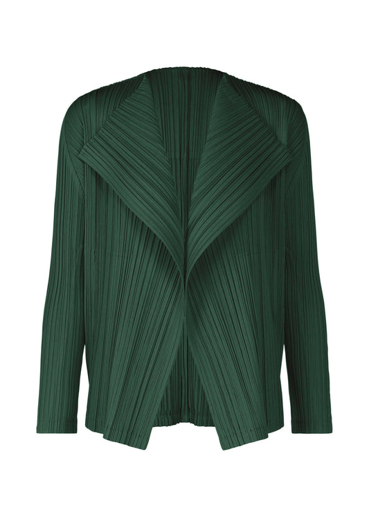 A product shot of the PLEATS PLEASE ISSEY MIYAKE RAMIE PLEATS cardigan in dark green (67).