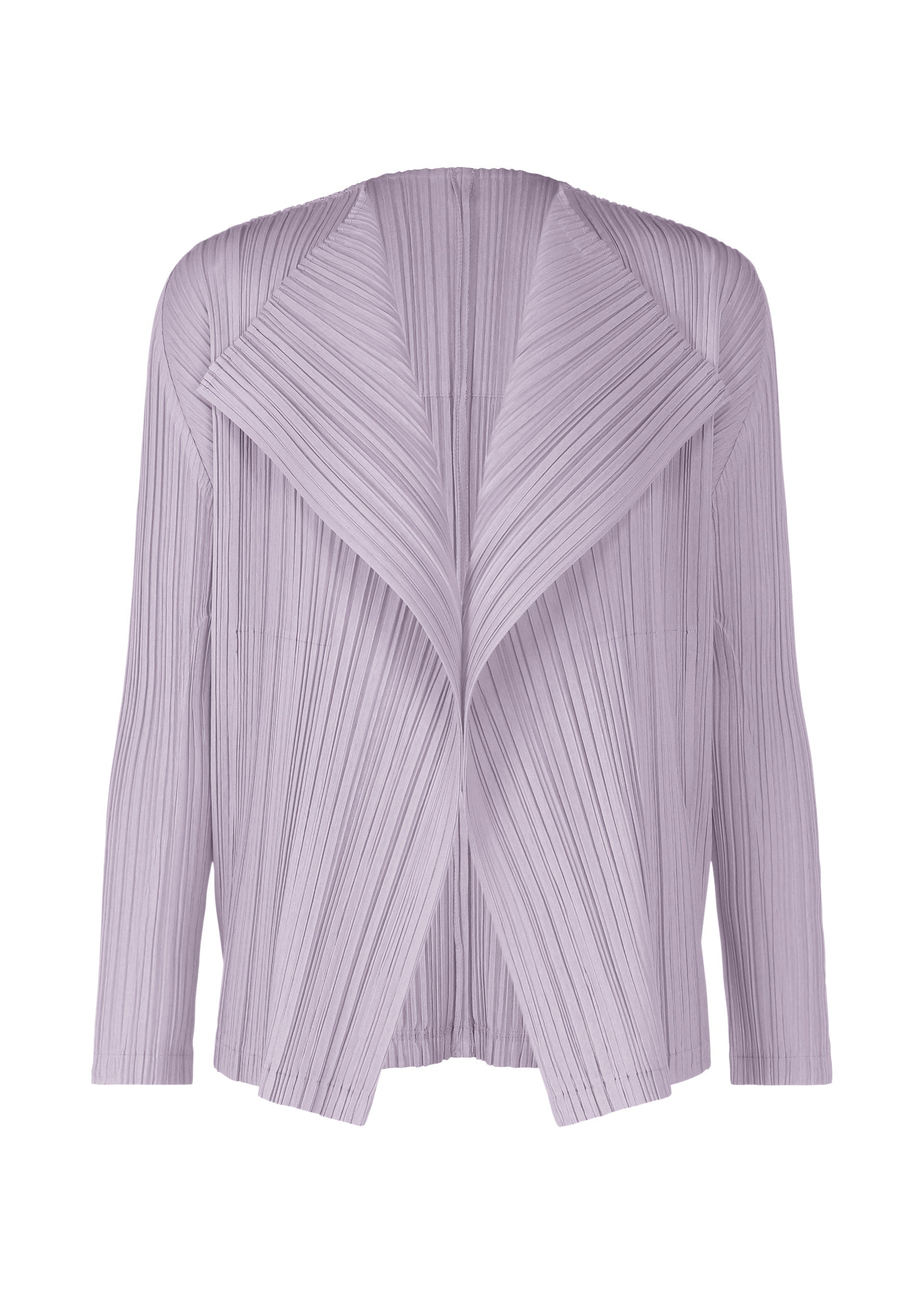 A product shot of the PLEATS PLEASE ISSEY MIYAKE RAMIE PLEATS cardigan in light purple (80).