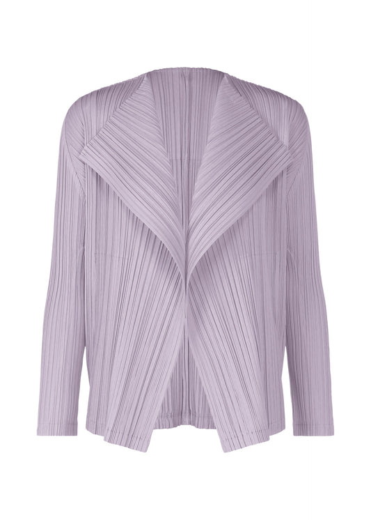 A product shot of the PLEATS PLEASE ISSEY MIYAKE RAMIE PLEATS cardigan in light purple (80).