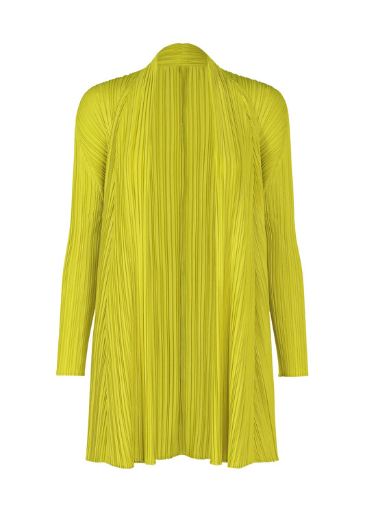 A product shot of the PLEATS PLEASE ISSEY MIYAKE MELLOW PLEATS cardigan in mustard (58).