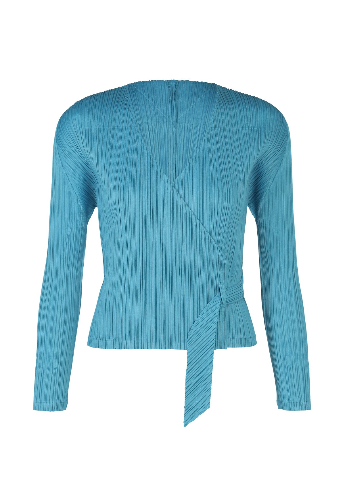 A product shot of the PLEATS PLEASE ISSEY MIYAKE FACADE cardigan in saxe blue (77).