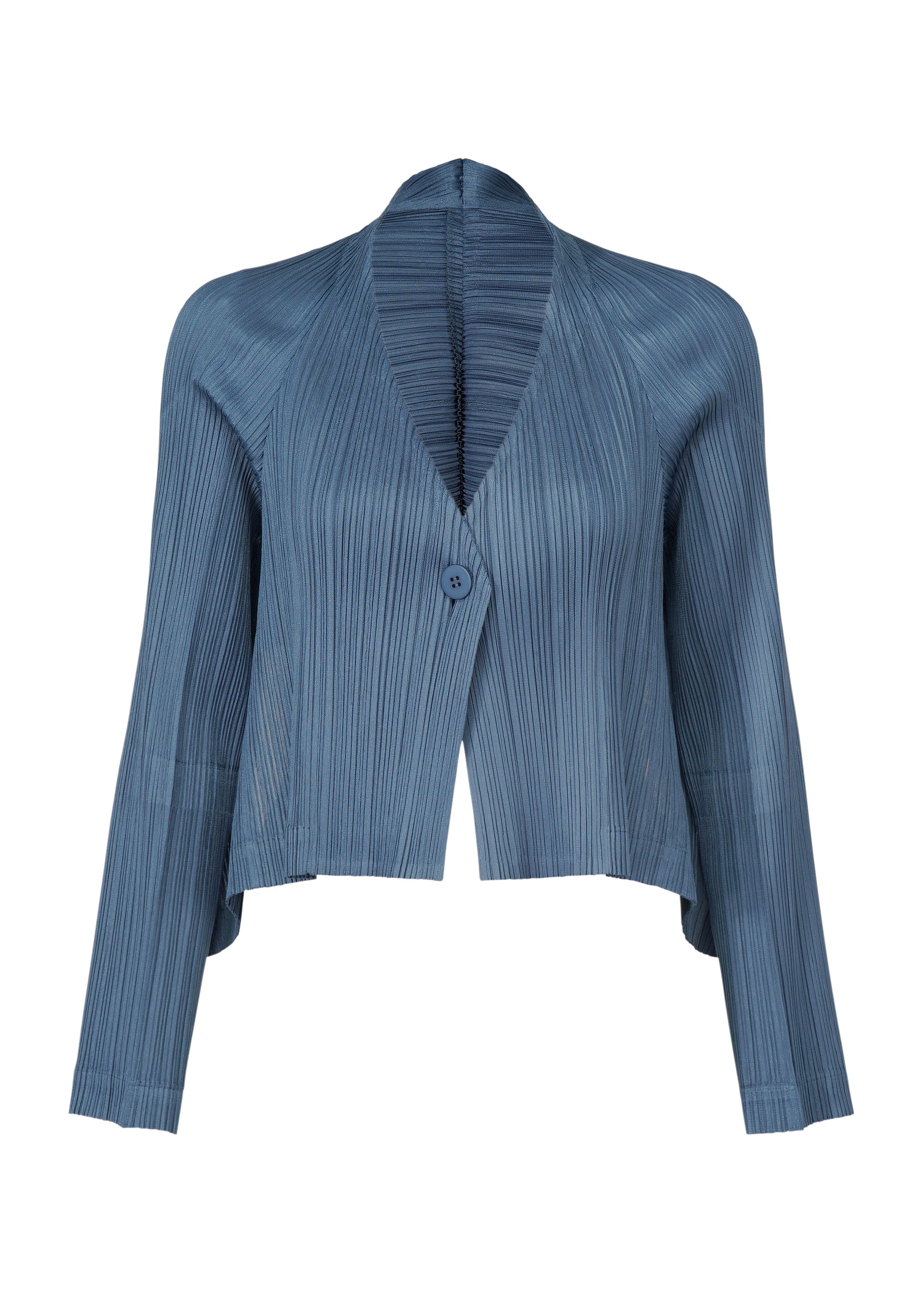 A product shot of the PLEATS PLEASE ISSEY MIYAKE CITY FRAME cardigan in blue grey (13).
