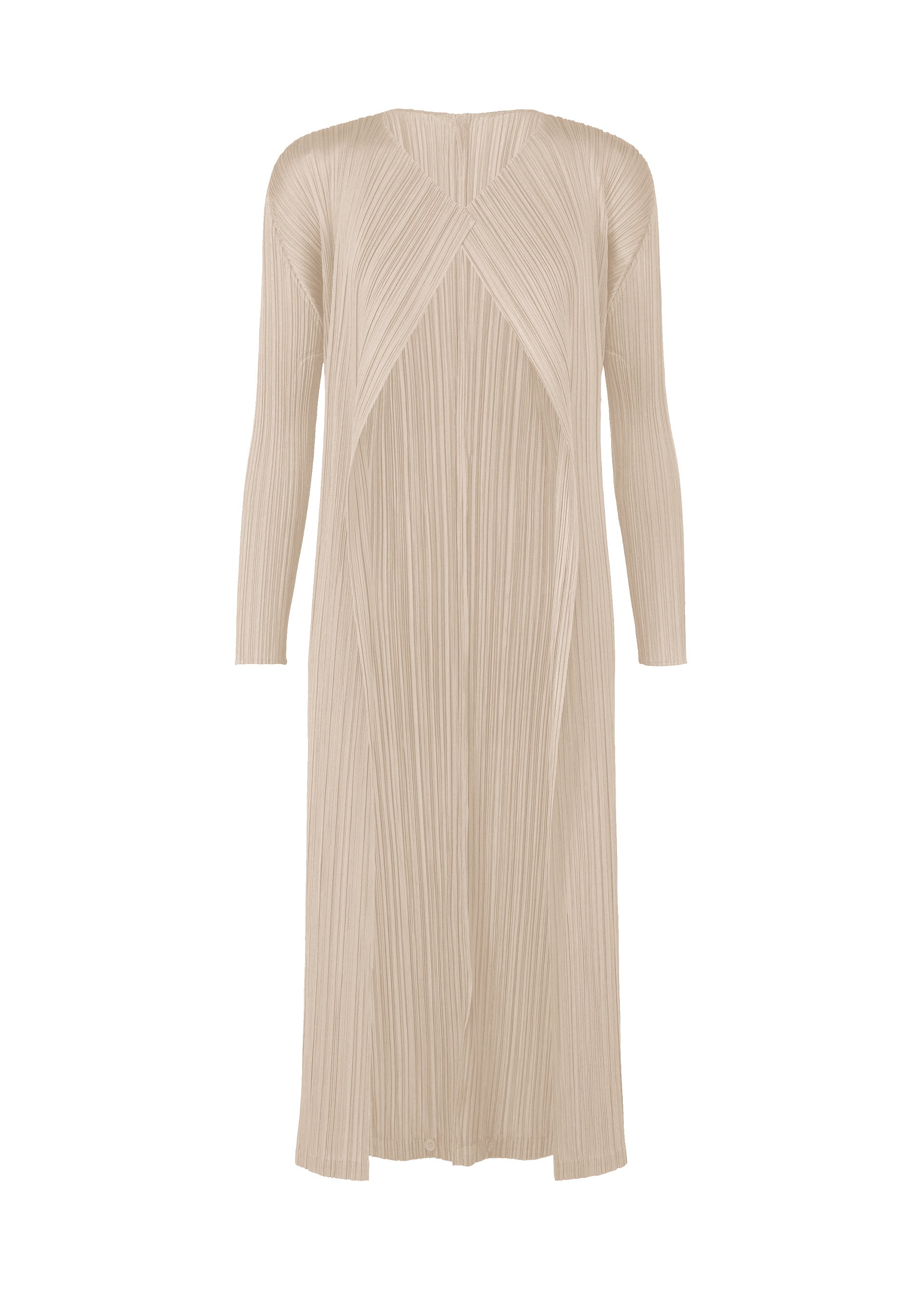 A product shot of the PLEATS PLEASE ISSEY MIYAKE SWING SOLID cardigan in greige (42).