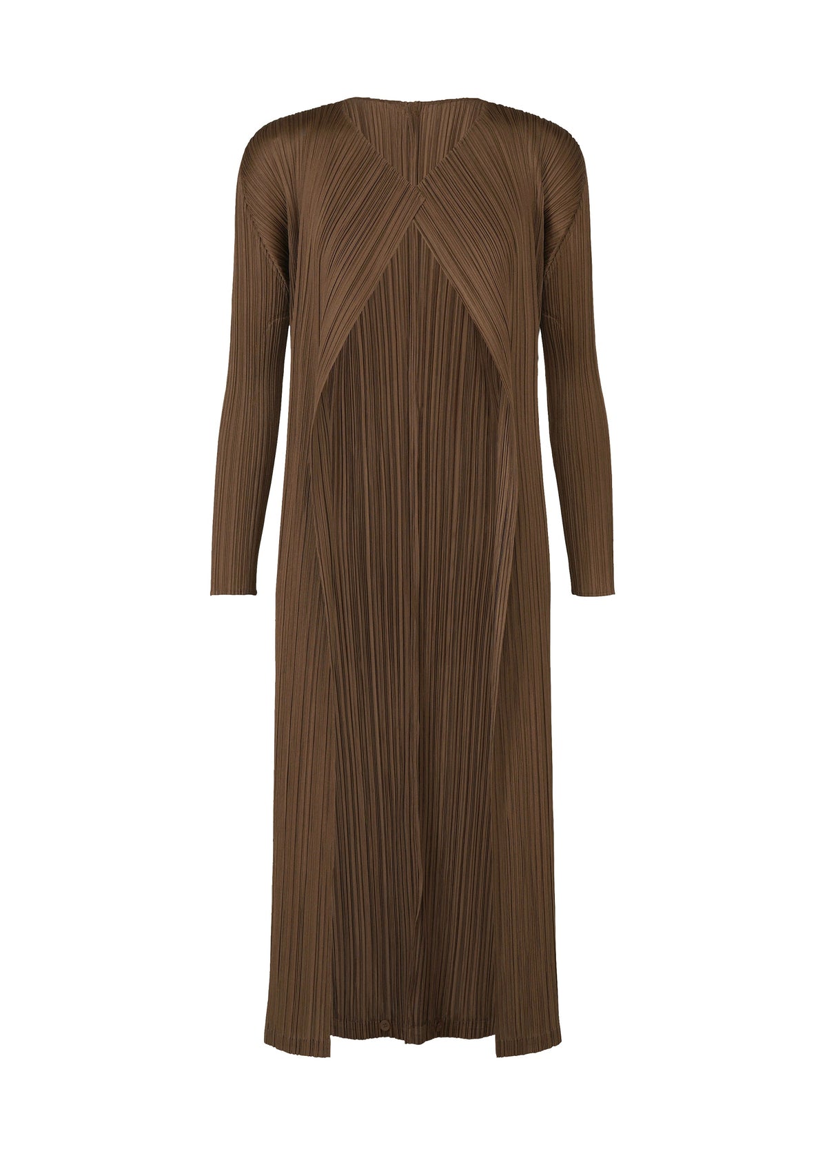 A product shot of the PLEATS PLEASE ISSEY MIYAKE SWING SOLID cardigan in brown (44).