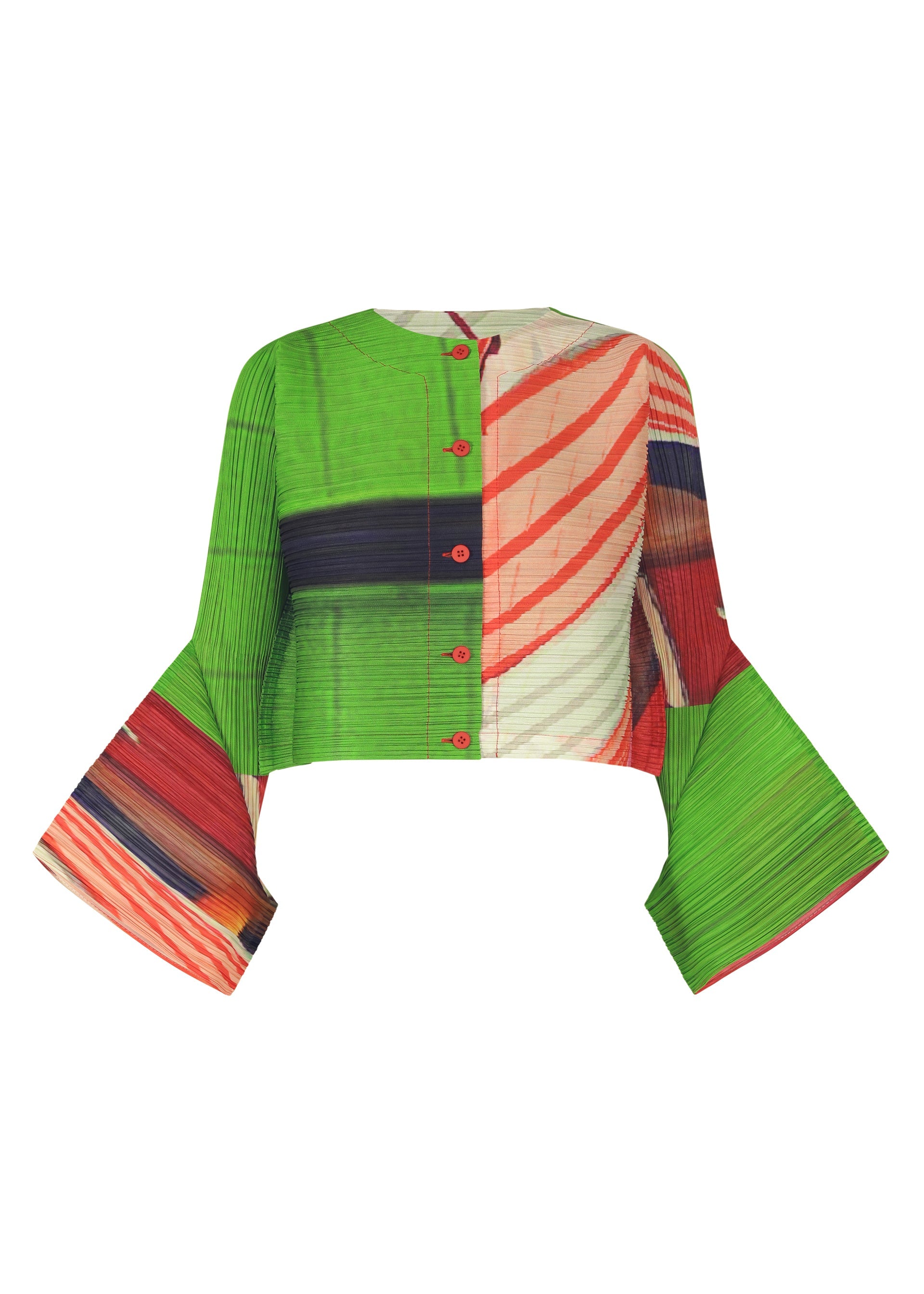 A product shot of the PLEATS PLEASE ISSEY MIYAKE CITY COLLAGE clothing in red x green (08).