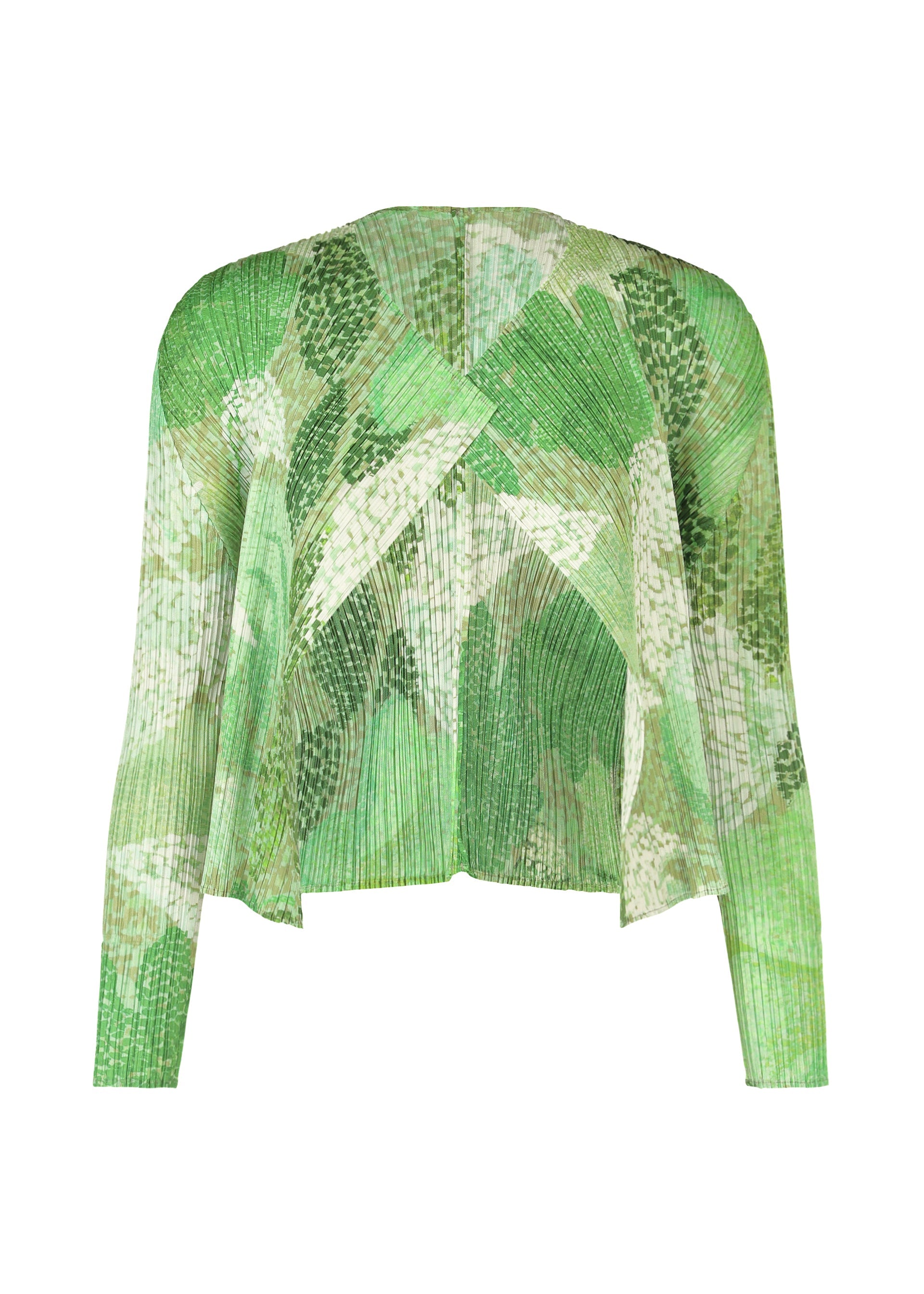 A product shot of the PLEATS PLEASE ISSEY MIYAKE FOGGY FOREST cardigan in grass green (63).