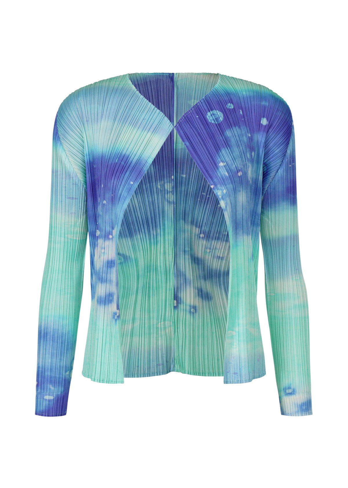 A product shot of the PLEATS PLEASE ISSEY MIYAKE SEA BUBBLE cardigan in blue (72).