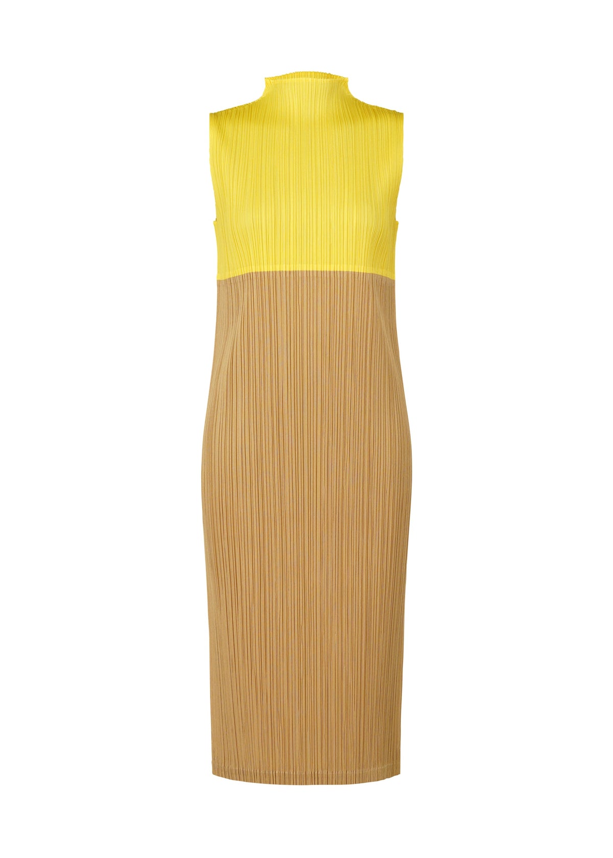 A product shot of the PLEATS PLEASE ISSEY MIYAKE SWING dress in yellow (52).