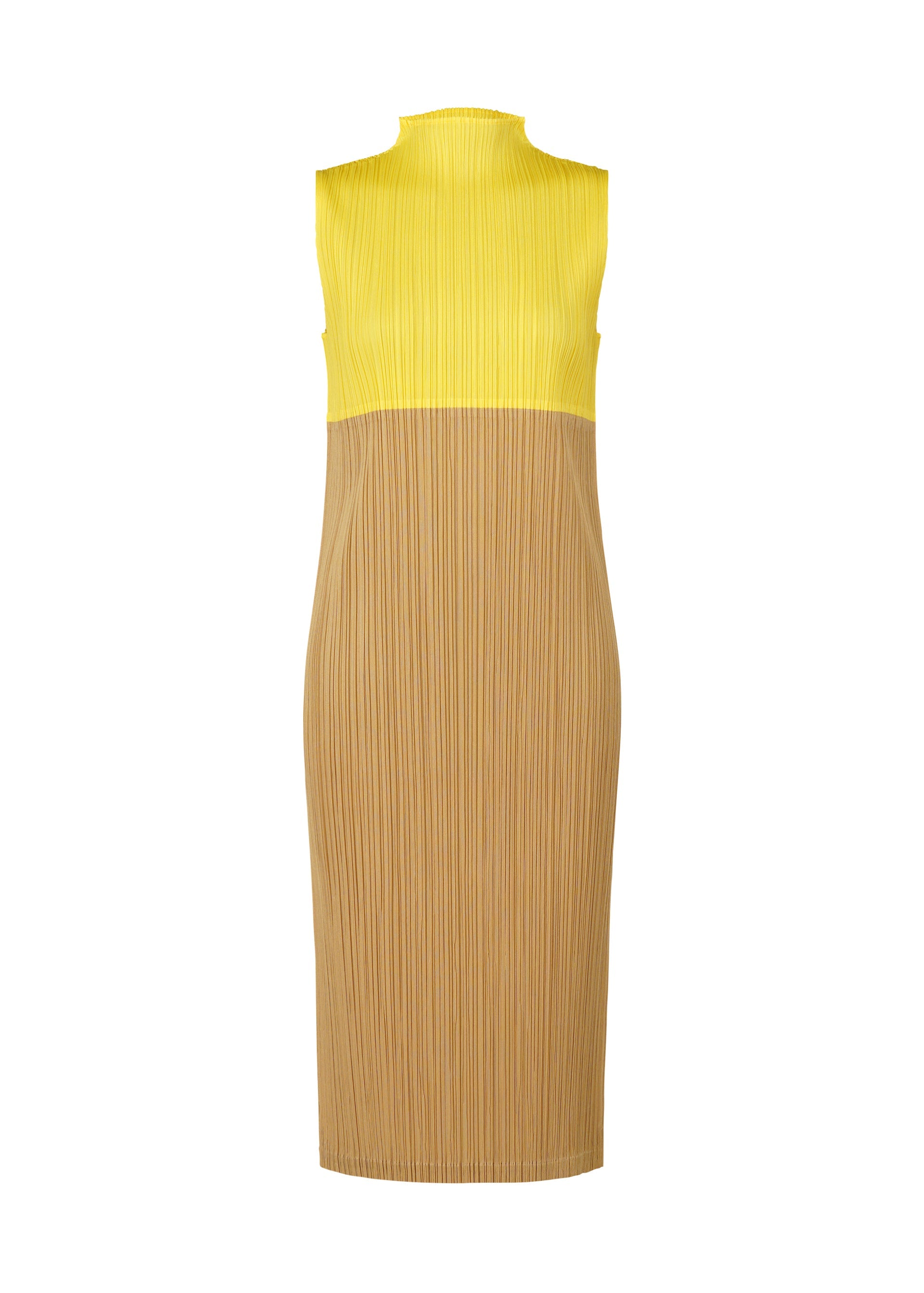 A product shot of the PLEATS PLEASE ISSEY MIYAKE SWING dress in yellow (52).