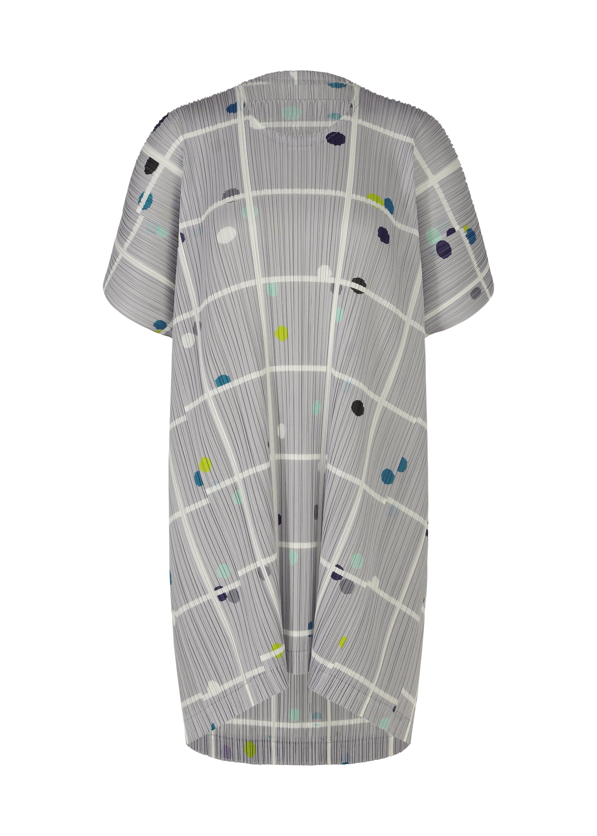 A product shot of the PLEATS PLEASE ISSEY MIYAKE CROSSING DOTS dress in light grey (10).