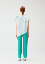 A model wears the PLEATS PLEASE ISSEY MIYAKE A POC SEA GLASS top.