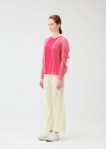 A model wears the PLEATS PLEASE ISSEY MIYAKE A-POC BASKET a-poc-basket-cardigan-off-white.