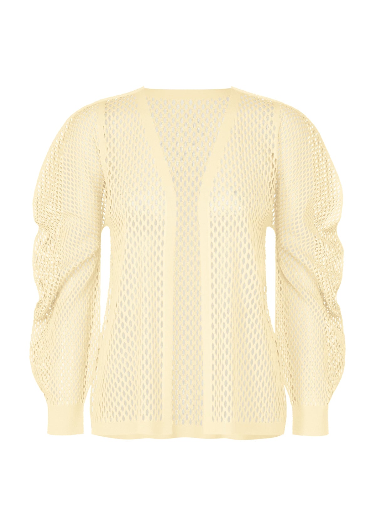 A product shot of the PLEATS PLEASE ISSEY MIYAKE A-POC BASKET cardigan in off white.