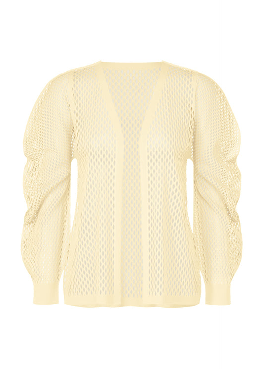 A product shot of the PLEATS PLEASE ISSEY MIYAKE A-POC BASKET cardigan in off white.