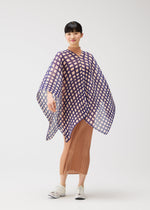 A model wears the PLEATS PLEASE ISSEY MIYAKE BASKET MADAME-T basket-madame-t-stole-green.