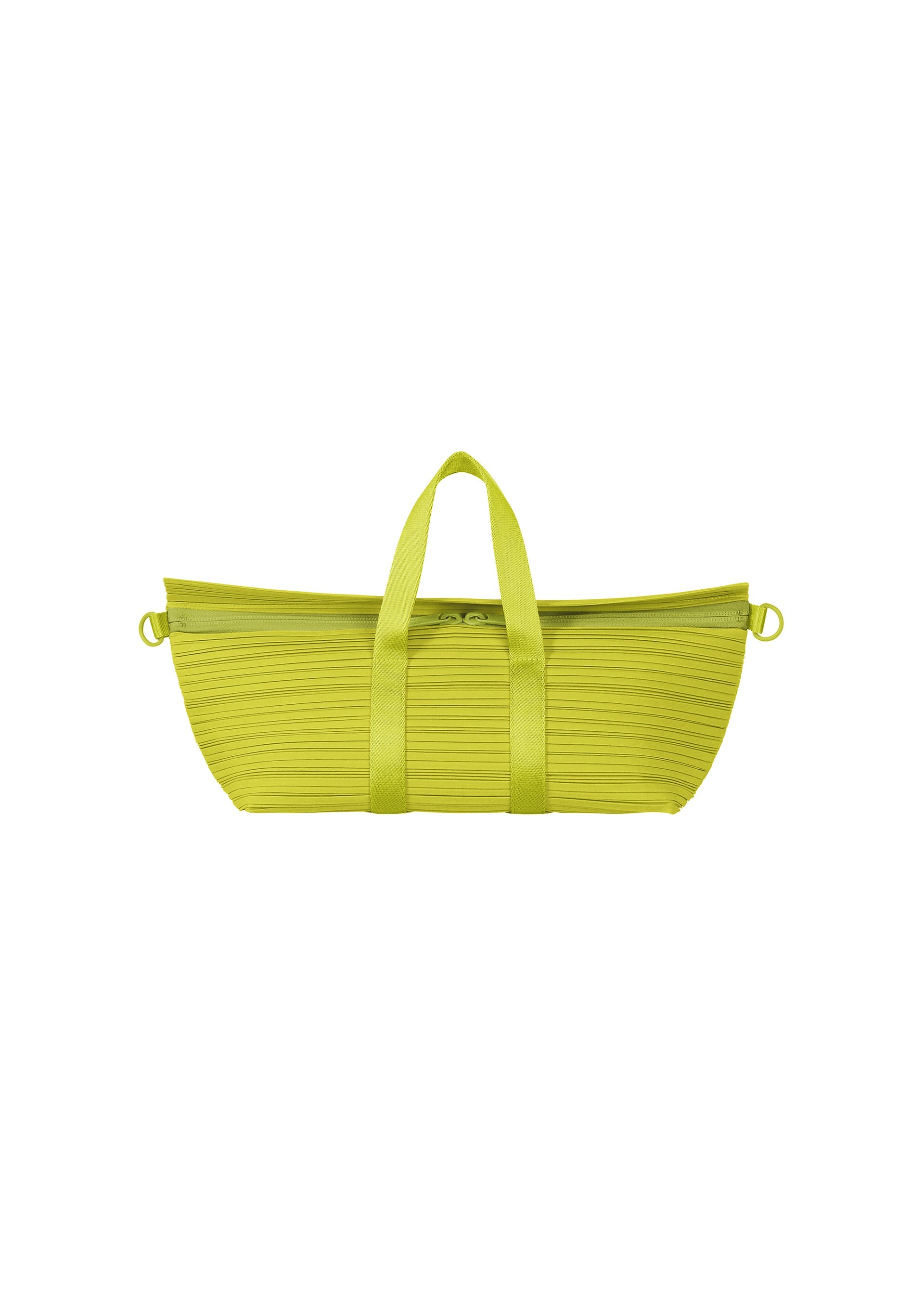 A product shot of the PLEATS PLEASE ISSEY MIYAKE PLEATS BOSTON BAG bag in yellow green.