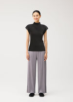 A model wears the PLEATS PLEASE ISSEY MIYAKE MIST AUGUST mist-august-cap-sleeved-high-neck-top-greyish-green.