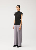A model wears the PLEATS PLEASE ISSEY MIYAKE MIST AUGUST mist-august-cap-sleeved-high-neck-top-greyish-green.