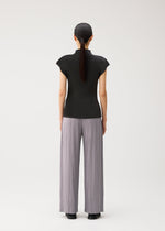 A model wears the PLEATS PLEASE ISSEY MIYAKE MIST AUGUST mist-august-cap-sleeved-high-neck-top-greyish-green.