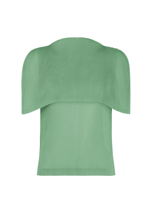 A product shot of the PLEATS PLEASE ISSEY MIYAKE TATAMI AUGUST top in grayish green.