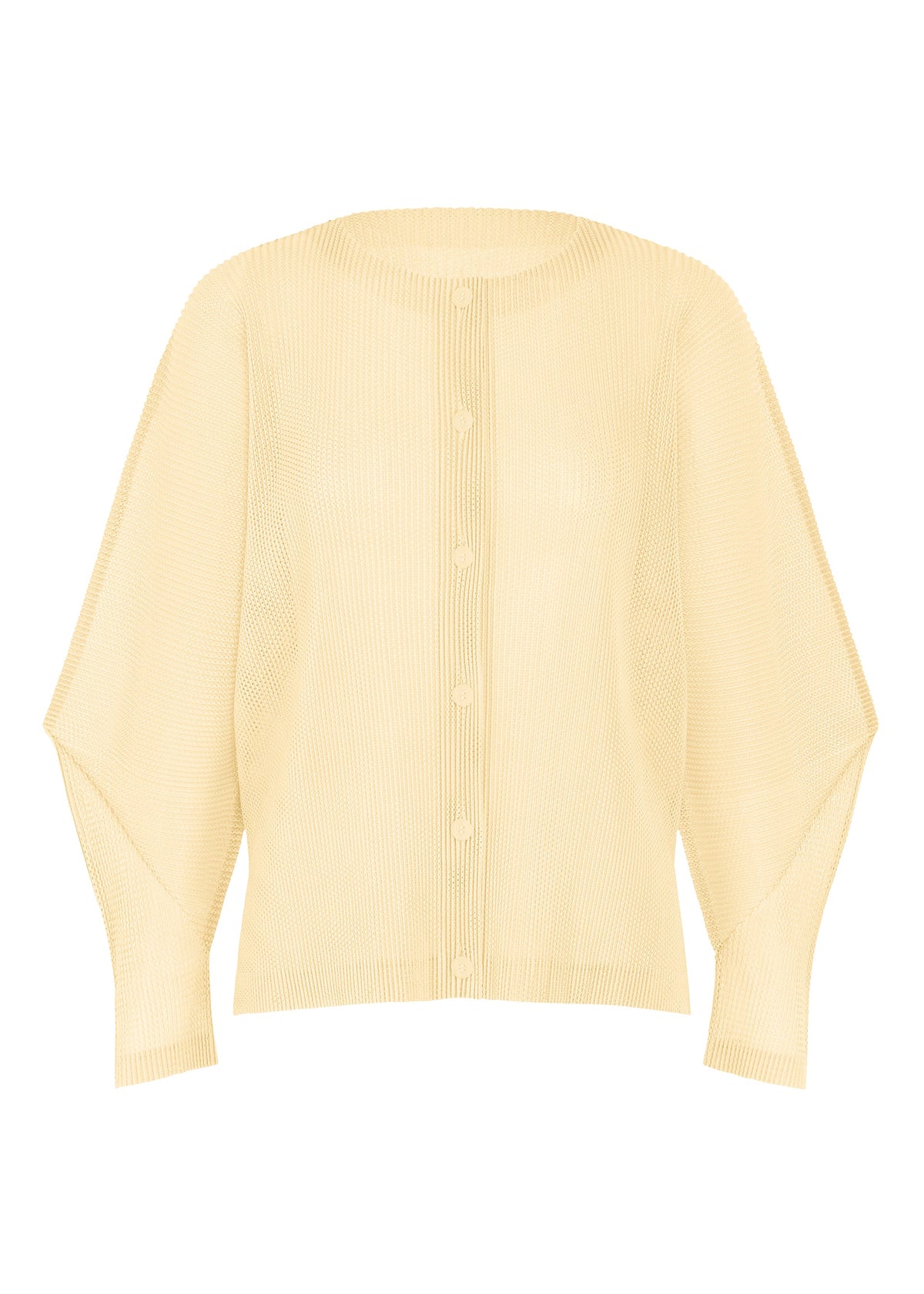 A product shot of the PLEATS PLEASE ISSEY MIYAKE TATAMI AUGUST cardigan in off white.