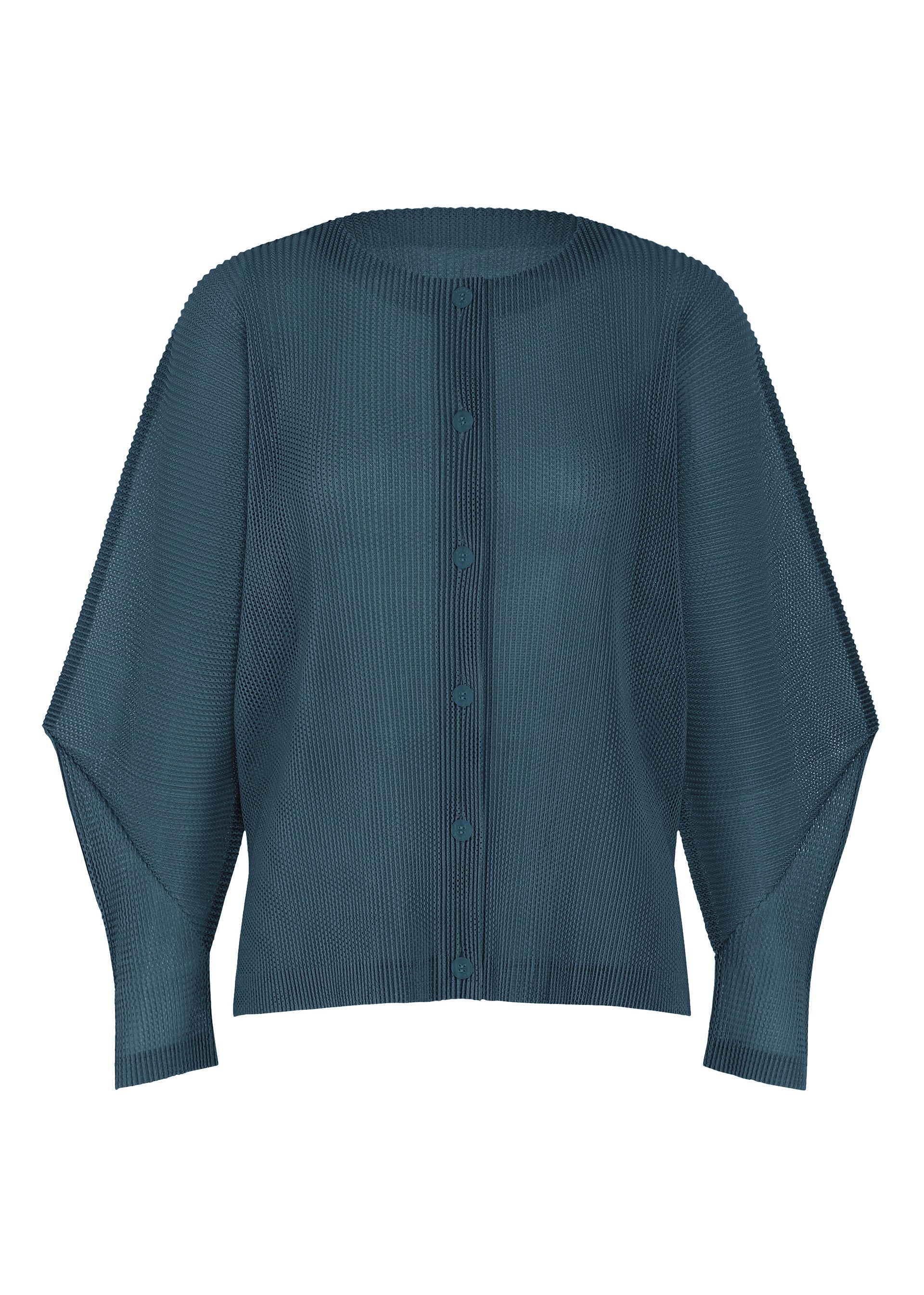 A product shot of the PLEATS PLEASE ISSEY MIYAKE TATAMI AUGUST cardigan in marine blue.