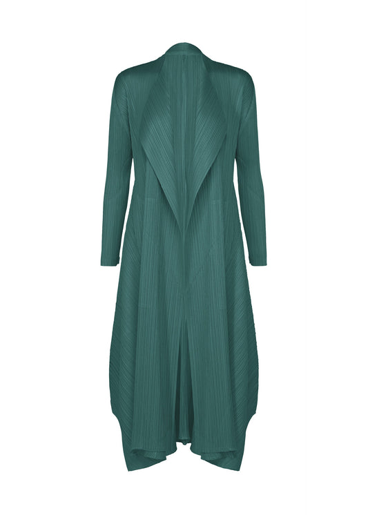 A product shot of the PLEATS PLEASE ISSEY MIYAKE MONTHLY COLORS : OCTOBER coat in blue green.