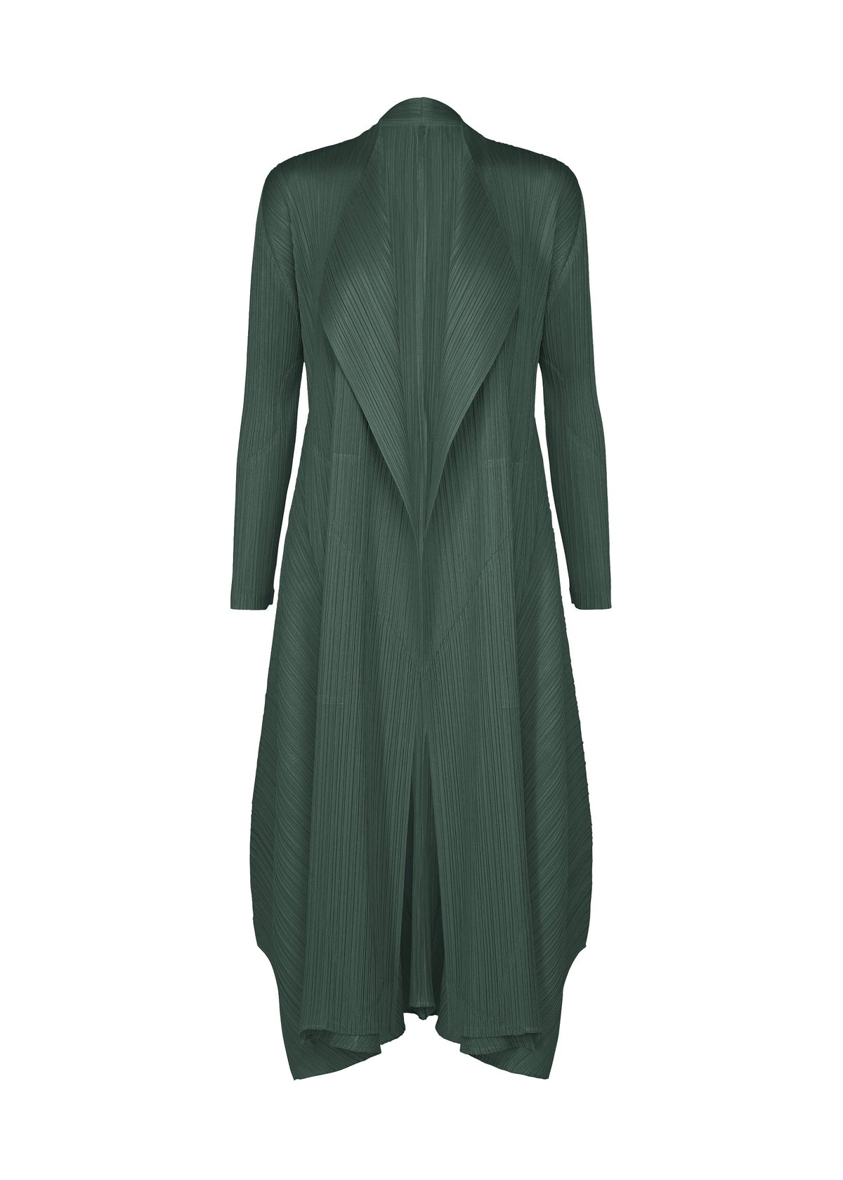 A product shot of the PLEATS PLEASE ISSEY MIYAKE MONTHLY COLORS : OCTOBER coat in dark green.